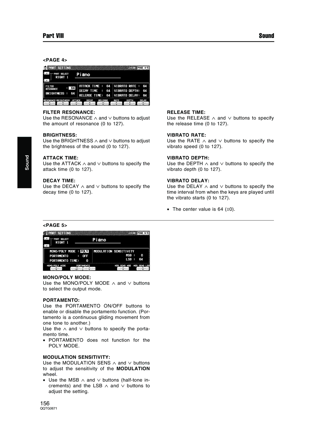 Panasonic SX-KN7000 Filter Resonance, Brightness, Attack Time, Decay Time, Release Time, Vibrato Rate, Vibrato Depth 