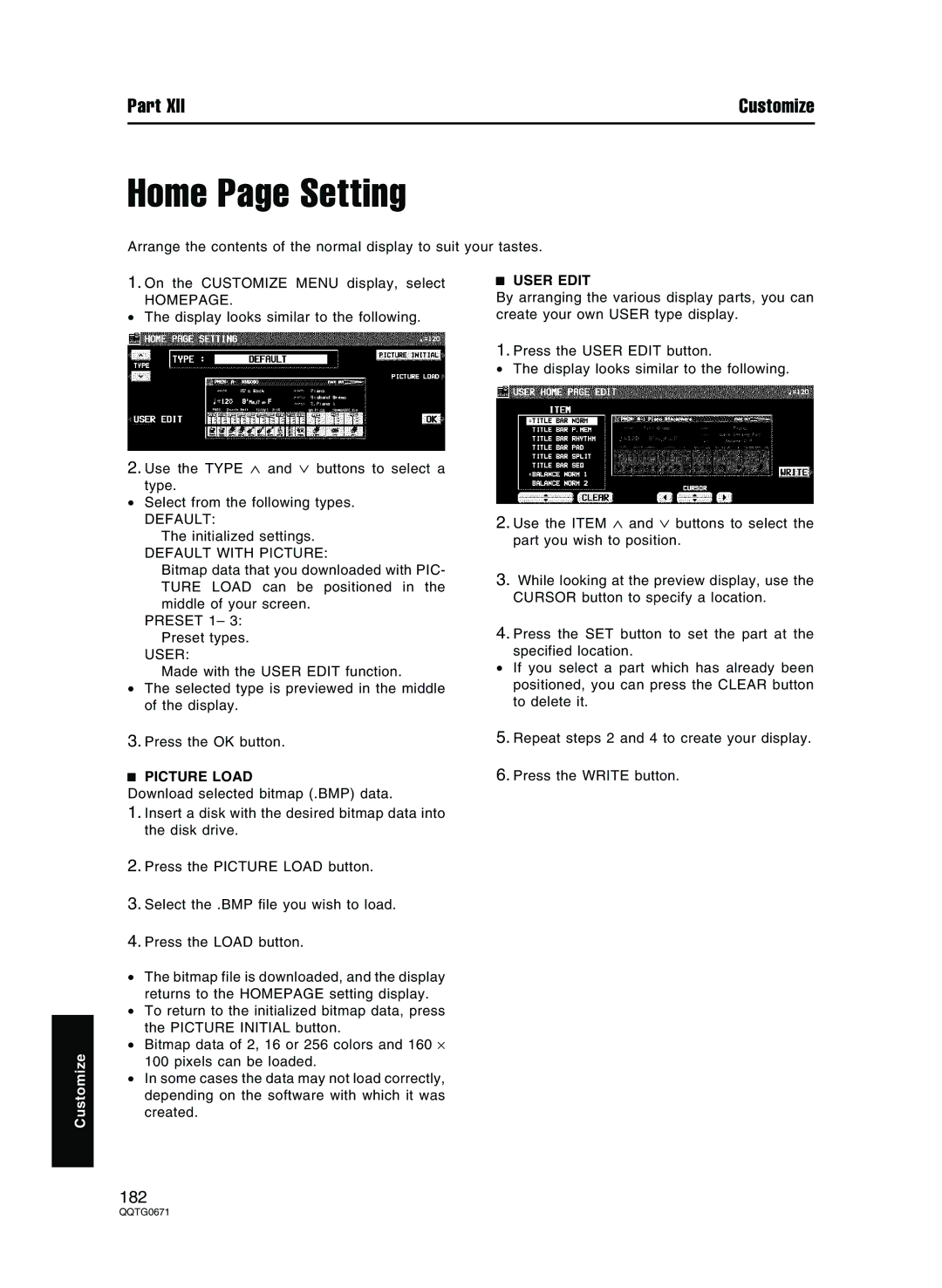 Panasonic SX-KN7000 operating instructions Home Page Setting, Picture Load, User Edit 