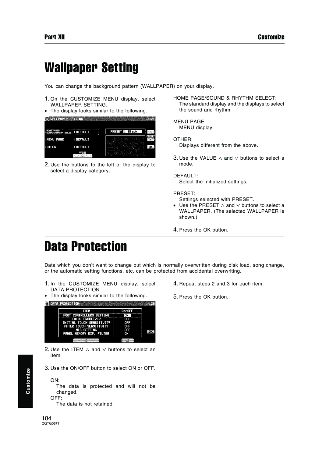 Panasonic SX-KN7000 operating instructions Wallpaper Setting, Data Protection 