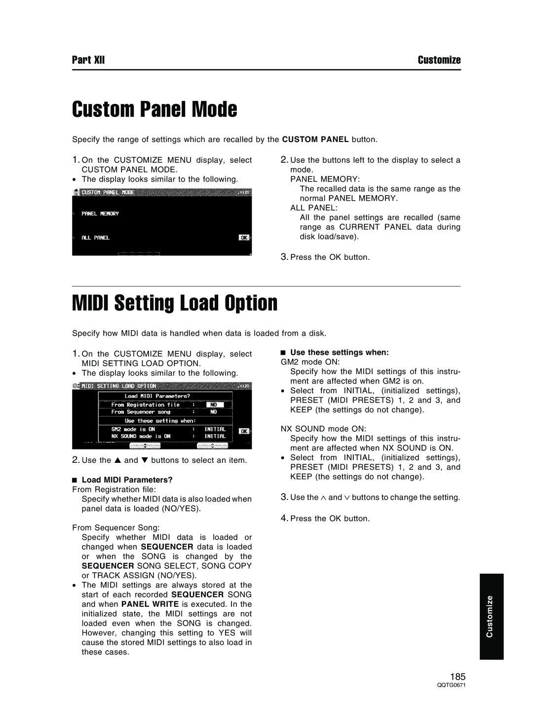 Panasonic SX-KN7000 Custom Panel Mode, Midi Setting Load Option, Load Midi Parameters? From Registration file 