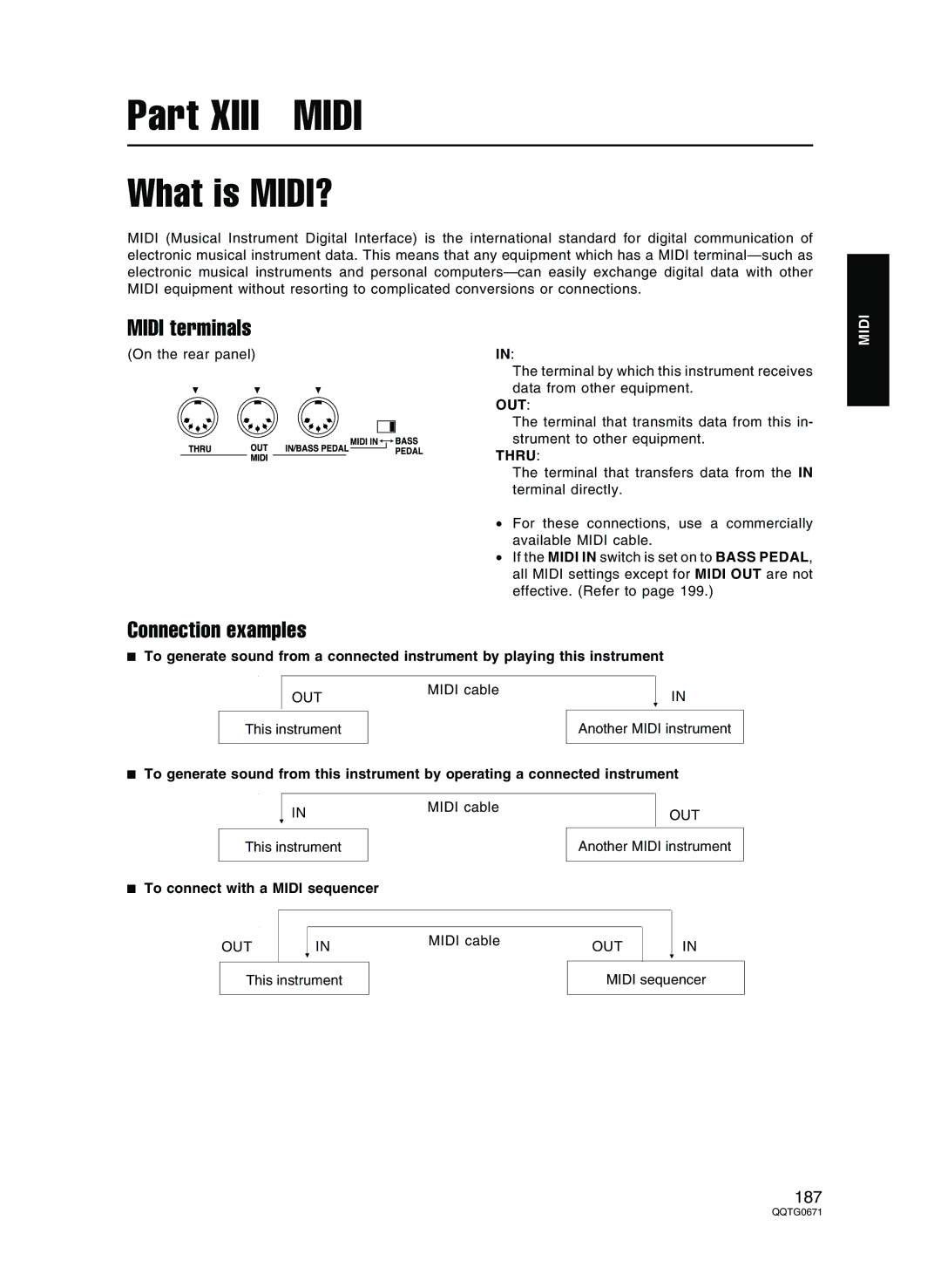 Panasonic SX-KN7000 operating instructions What is MIDI?, Midi terminals, Connection examples, Out, Thru 