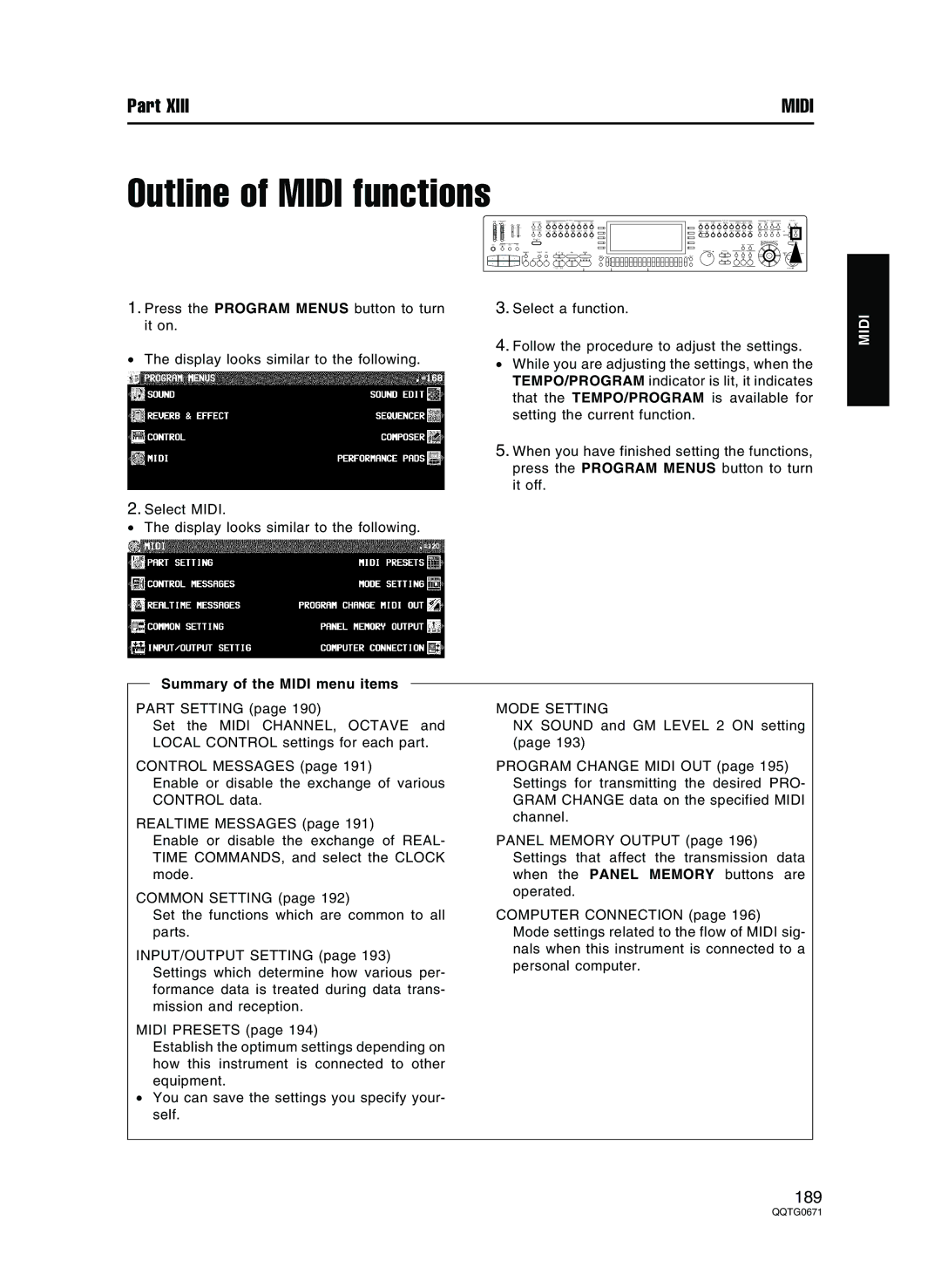 Panasonic SX-KN7000 operating instructions Outline of Midi functions, Summary of the Midi menu items, Mode Setting 