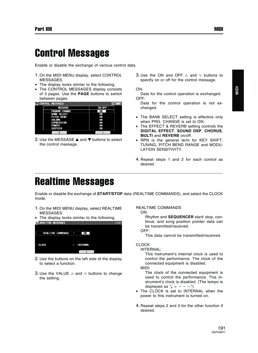 Panasonic SX-KN7000 Control Messages, Realtime Messages, Digital EFFECT, Sound DSP, CHORUS, Multi and Reverb on/off 