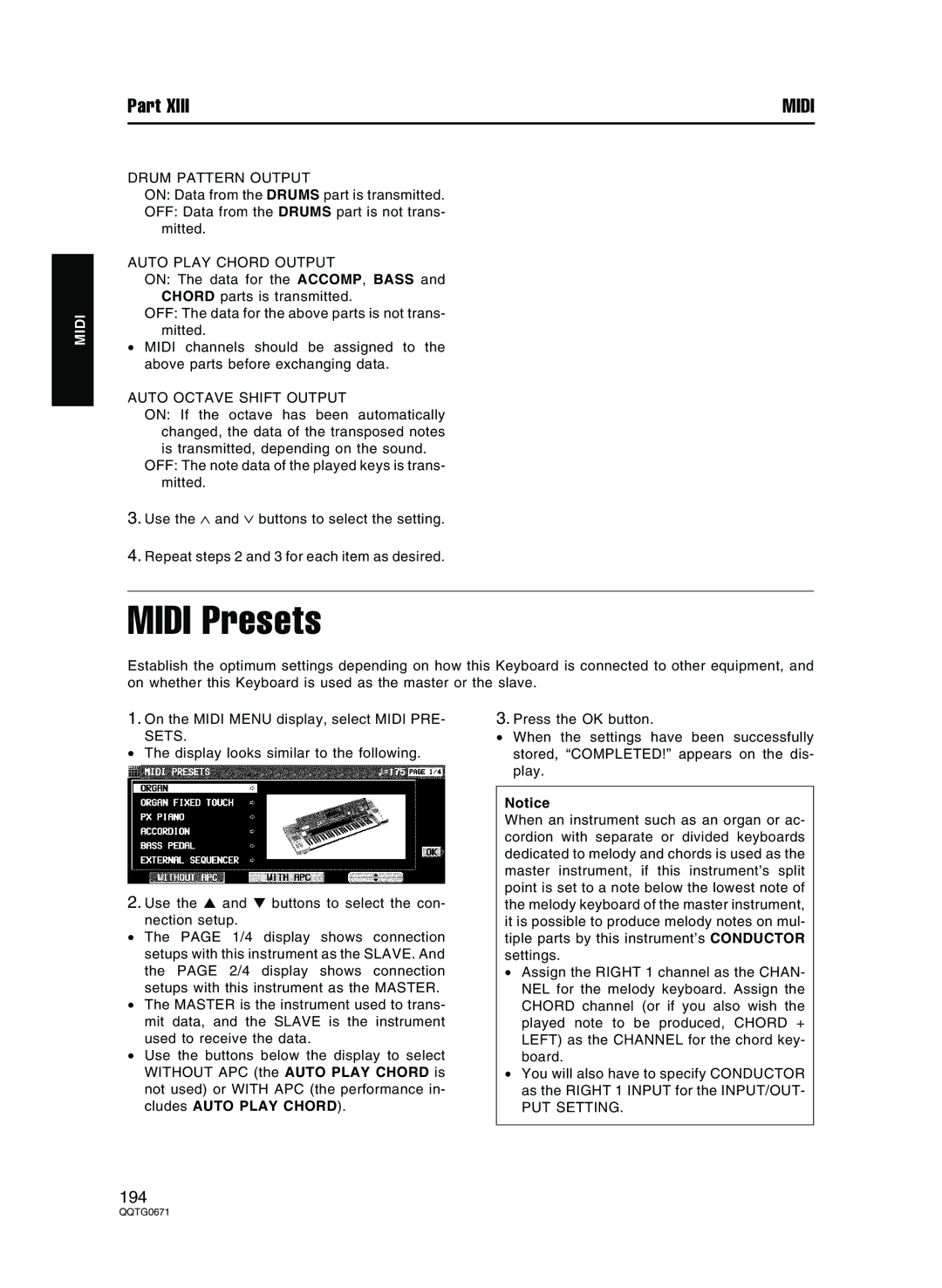 Panasonic SX-KN7000 Midi Presets, Drum Pattern Output, Auto Play Chord Output, Auto Octave Shift Output, PUT Setting 