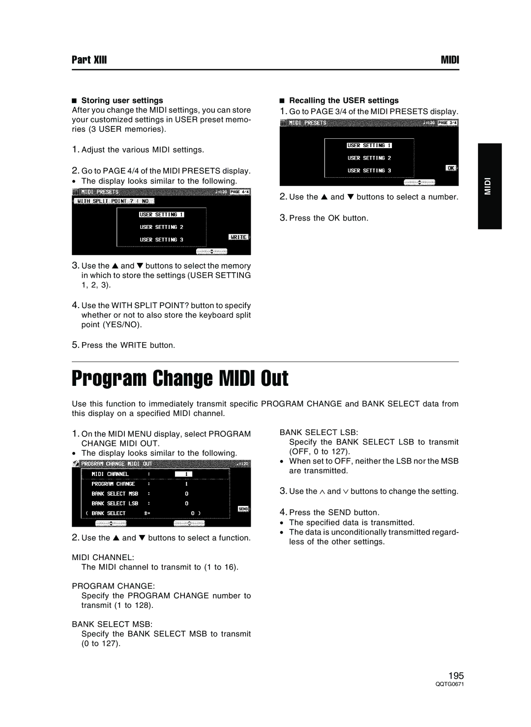 Panasonic SX-KN7000 operating instructions Program Change Midi Out, Storing user settings, Recalling the User settings 