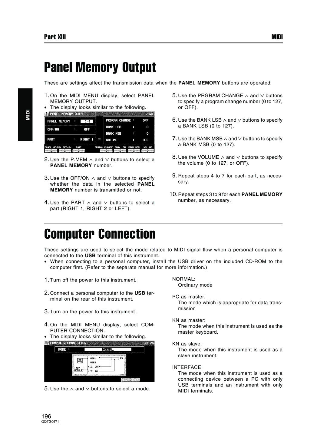 Panasonic SX-KN7000 operating instructions Panel Memory Output, Computer Connection, Puter Connection, Interface 