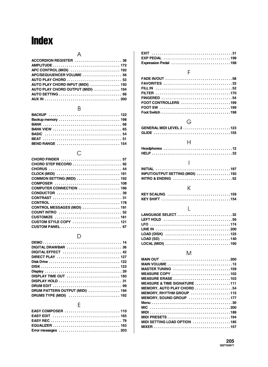 Panasonic SX-KN7000 operating instructions Index, Drums Type Midi 