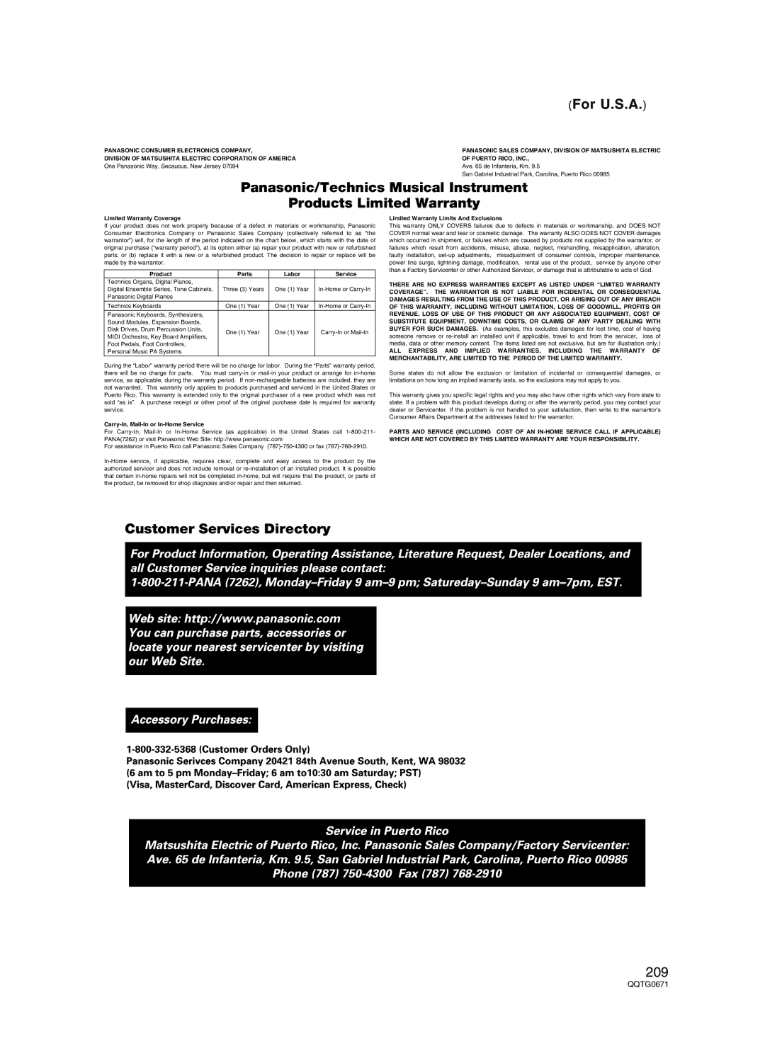 Panasonic SX-KN7000 operating instructions Customer Services Directory 