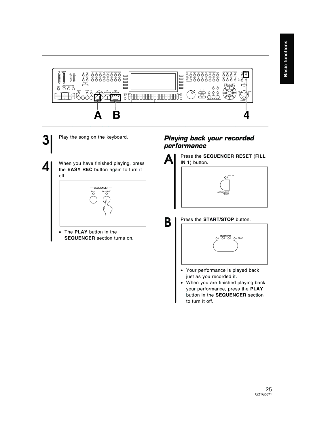 Panasonic SX-KN7000 operating instructions Playing back your recorded performance, Press the Sequencer Reset Fill 