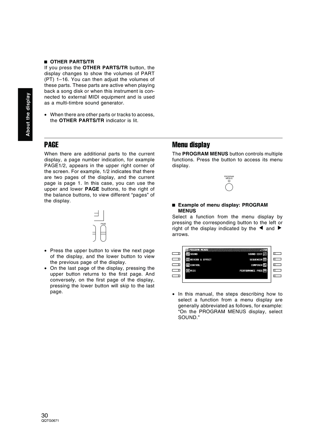 Panasonic SX-KN7000 operating instructions Menu display, Other PARTS/TR, Example of menu display Program Menus 