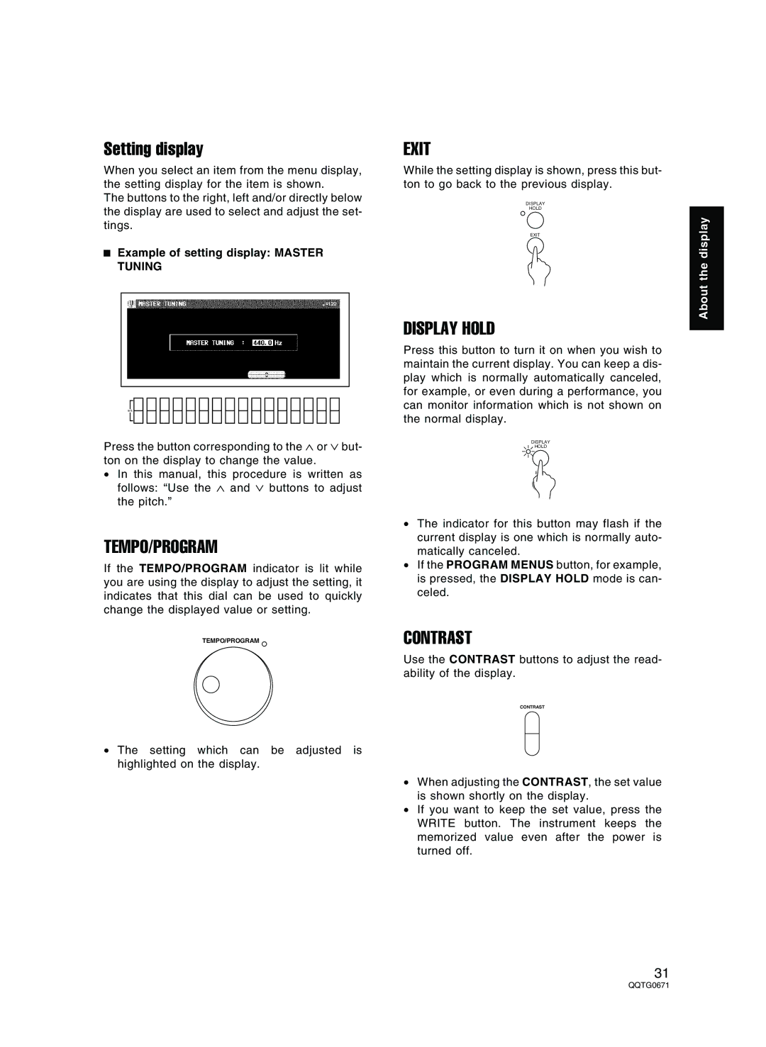 Panasonic SX-KN7000 operating instructions Setting display, Tempo/Program, Exit, Display Hold, Contrast 