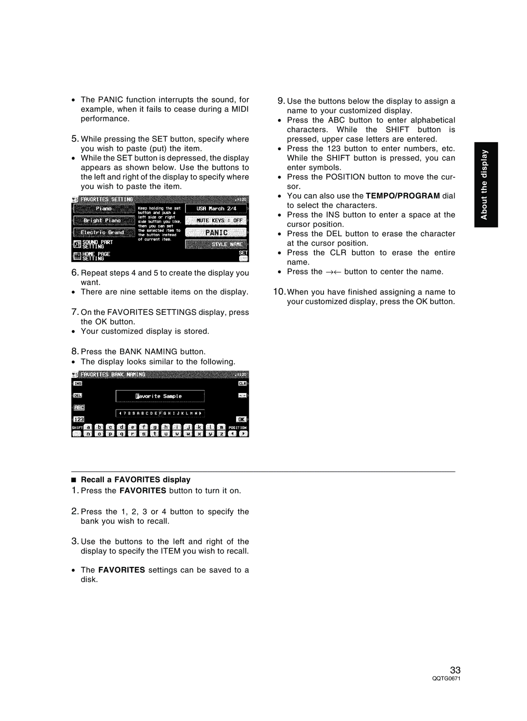 Panasonic SX-KN7000 operating instructions Recall a Favorites display 