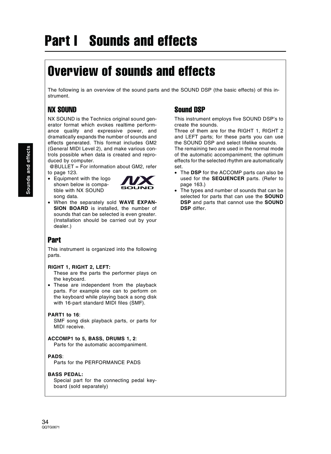 Panasonic SX-KN7000 operating instructions Overview of sounds and effects, NX Sound, Sound DSP, Part 