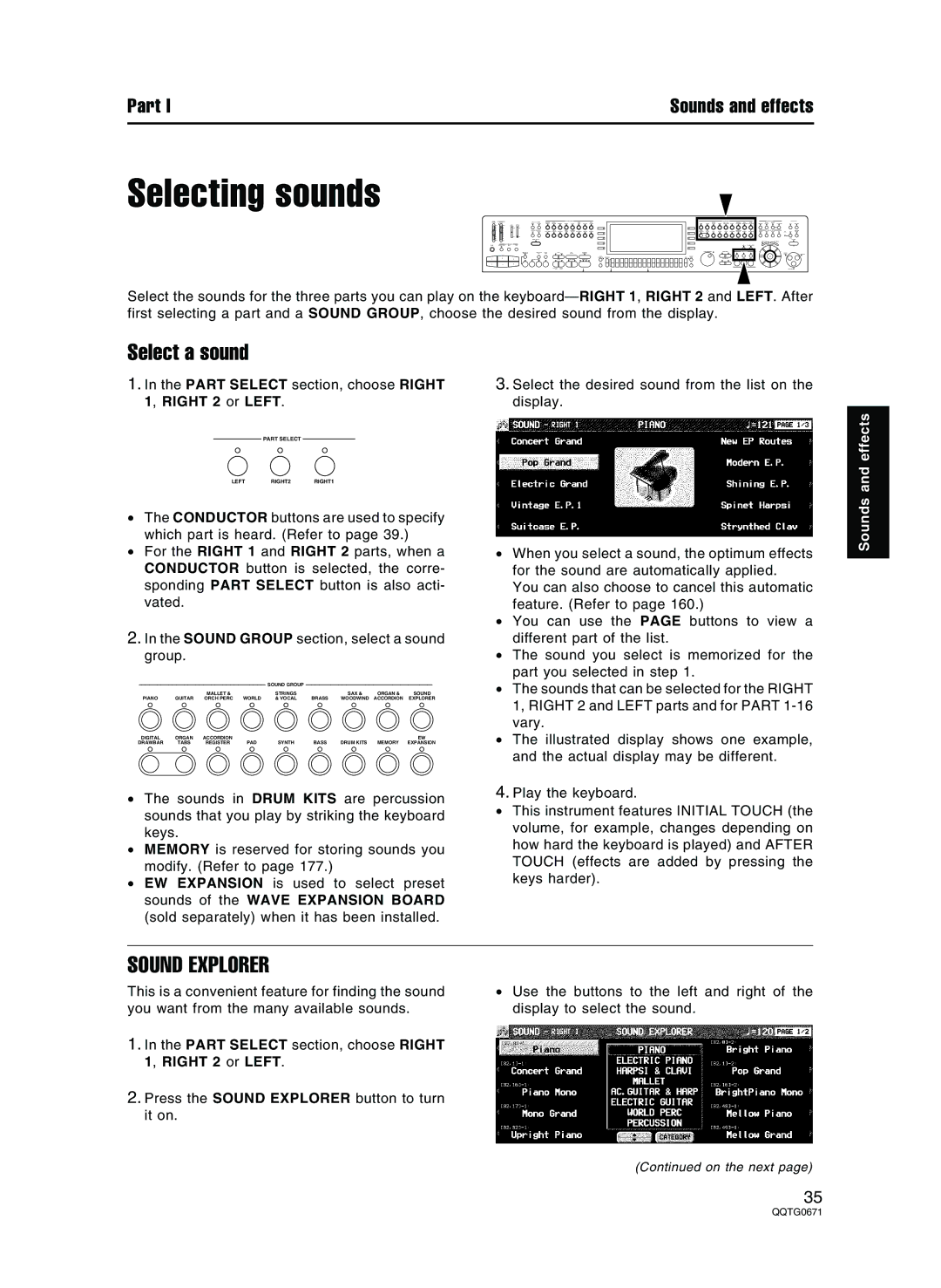 Panasonic SX-KN7000 operating instructions Selecting sounds, Select a sound, Sound Explorer 