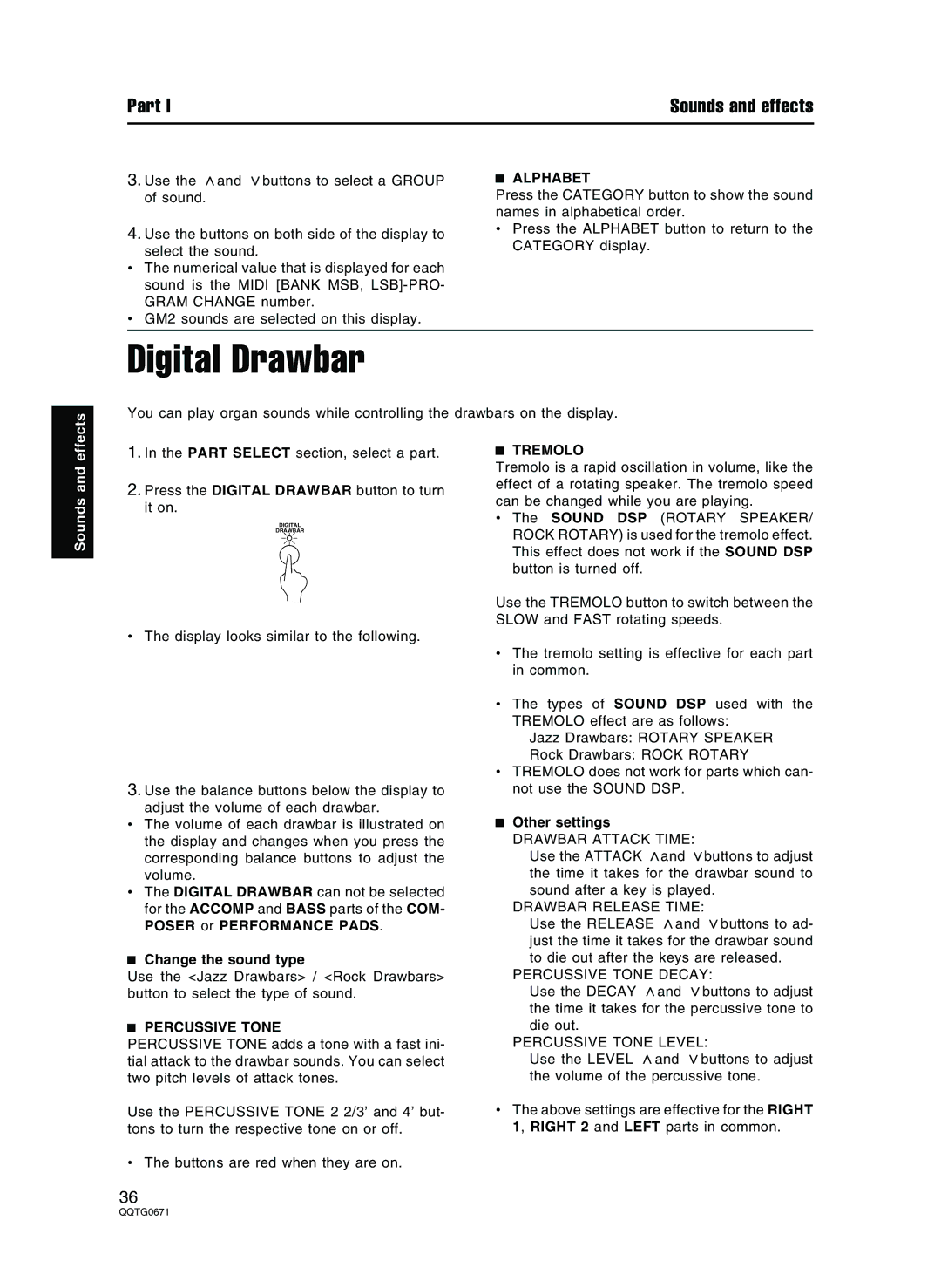 Panasonic SX-KN7000 operating instructions Digital Drawbar, Alphabet, Percussive Tone, Tremolo 