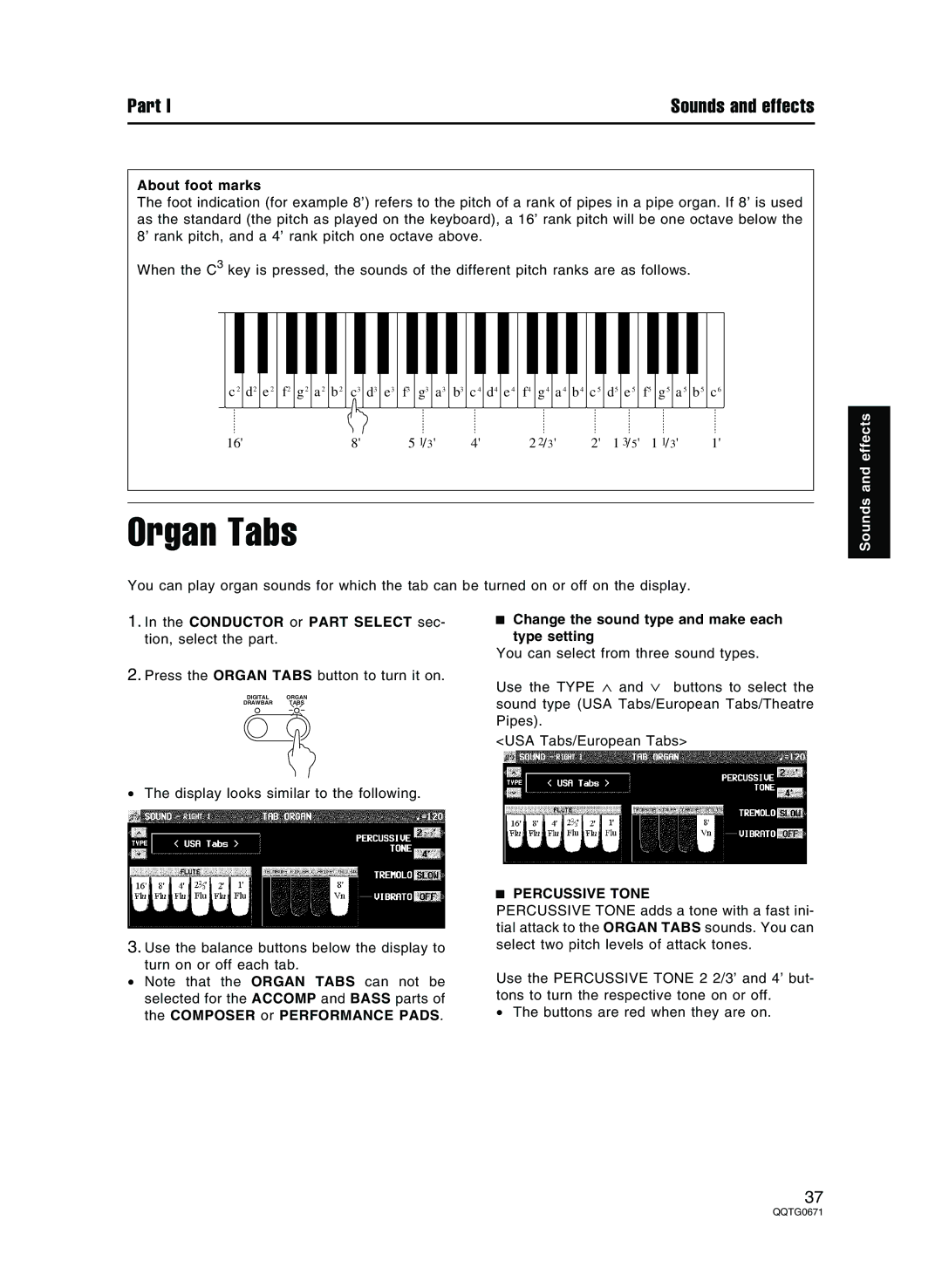 Panasonic SX-KN7000 Organ Tabs, About foot marks, Conductor or Part Select sec- tion, select the part 