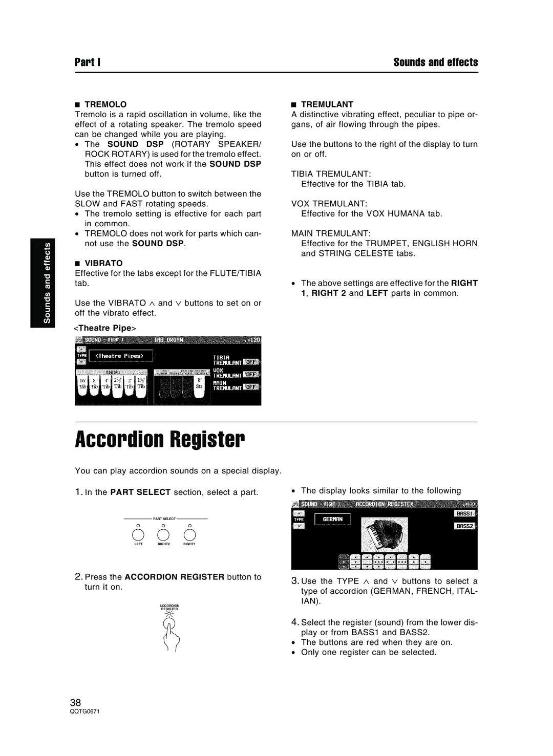 Panasonic SX-KN7000 operating instructions Accordion Register, Vibrato, Theatre Pipe, Tremulant 