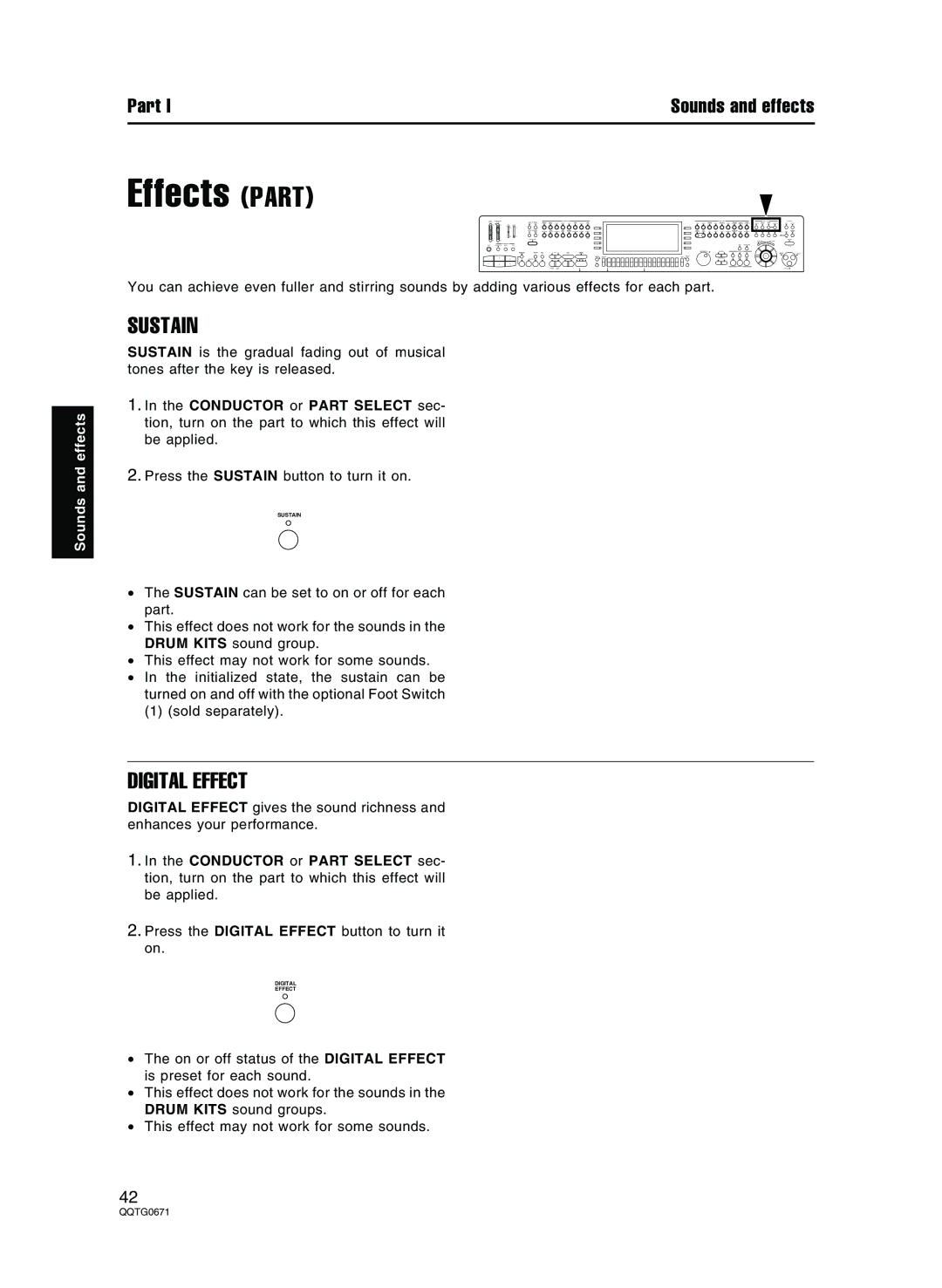 Panasonic SX-KN7000 operating instructions Effects Part, Sustain, Digital Effect 