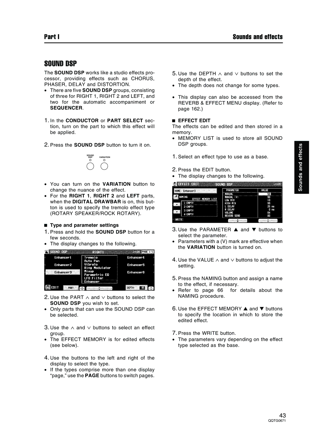 Panasonic SX-KN7000 operating instructions Sound DSP, Rotary SPEAKER/ROCK Rotary, Type and parameter settings, Effect Edit 