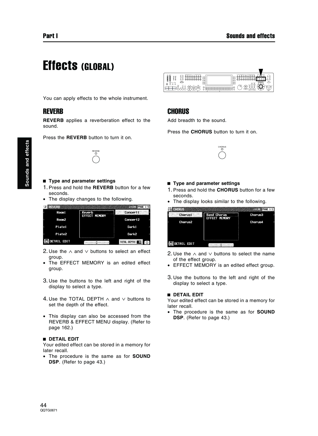 Panasonic SX-KN7000 operating instructions Effects Global, Reverb, Chorus, Detail Edit 