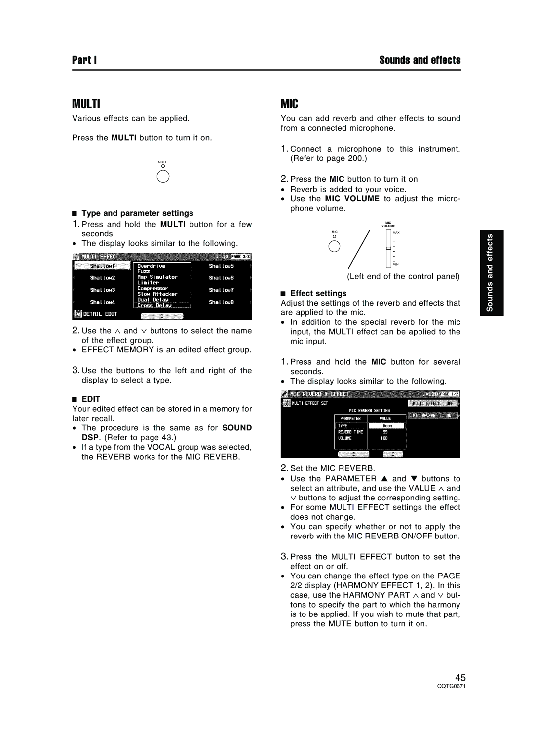 Panasonic SX-KN7000 operating instructions Multi, Mic, Edit, Left end of the control panel, Effect settings 