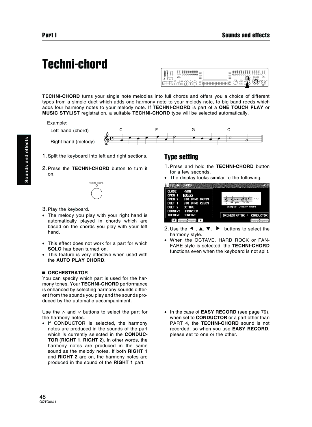 Panasonic SX-KN7000 operating instructions Techni-chord, Type setting, Orchestrator 