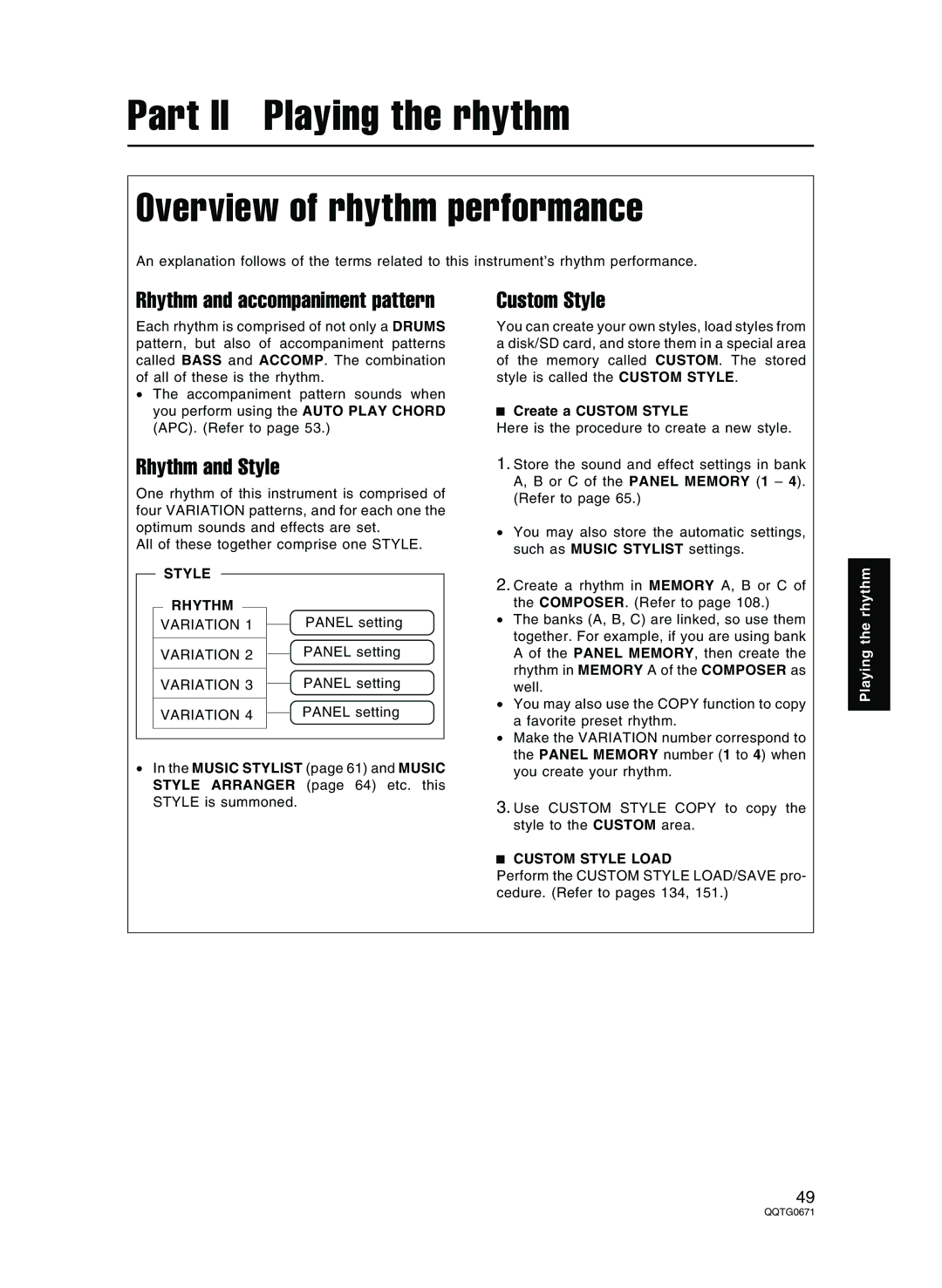 Panasonic SX-KN7000 Overview of rhythm performance, Rhythm and accompaniment pattern, Rhythm and Style, Custom Style 