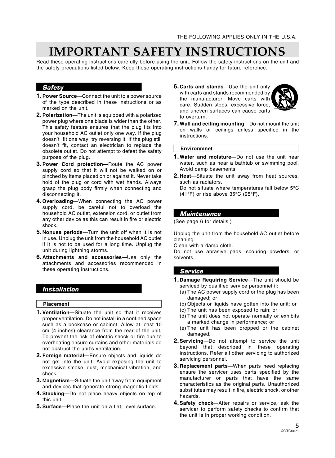 Panasonic SX-KN7000 operating instructions Following Applies only in the U.S.A, Placement 