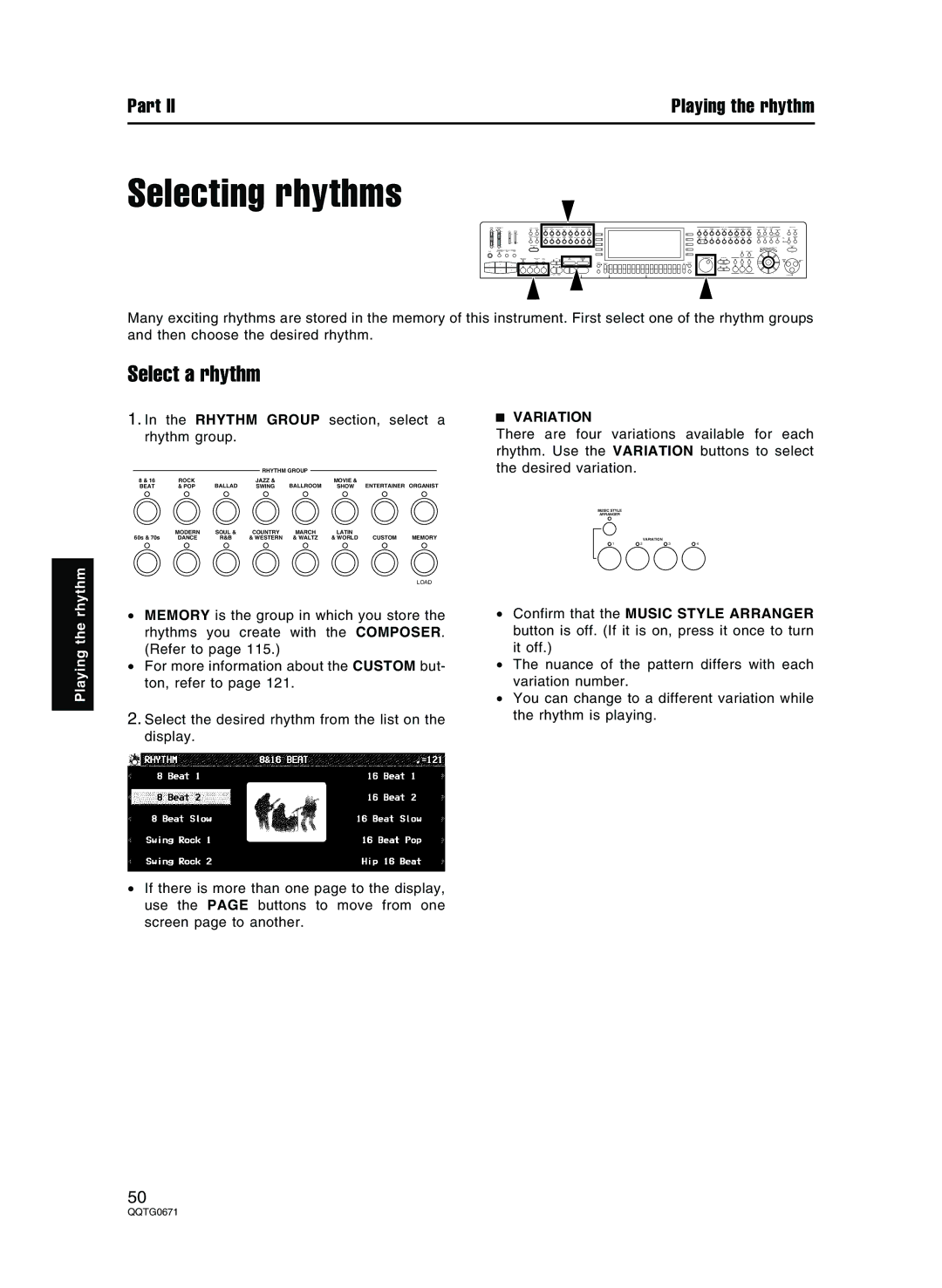 Panasonic SX-KN7000 operating instructions Selecting rhythms, Select a rhythm, Variation 