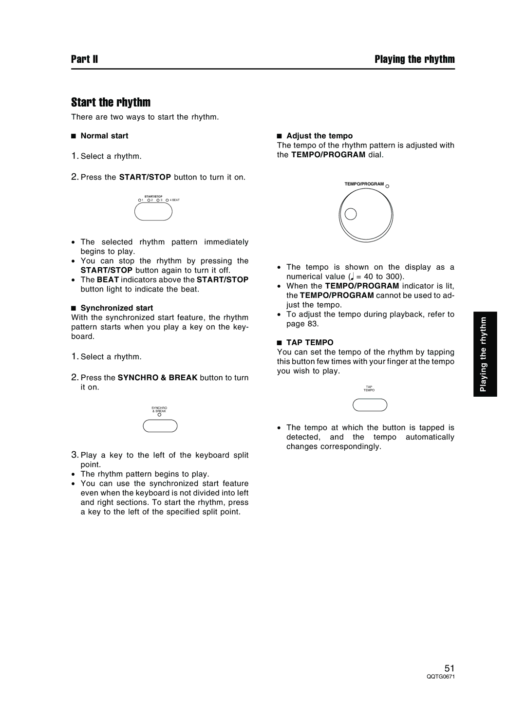 Panasonic SX-KN7000 operating instructions Start the rhythm, Normal start, Synchronized start, Adjust the tempo, TAP Tempo 