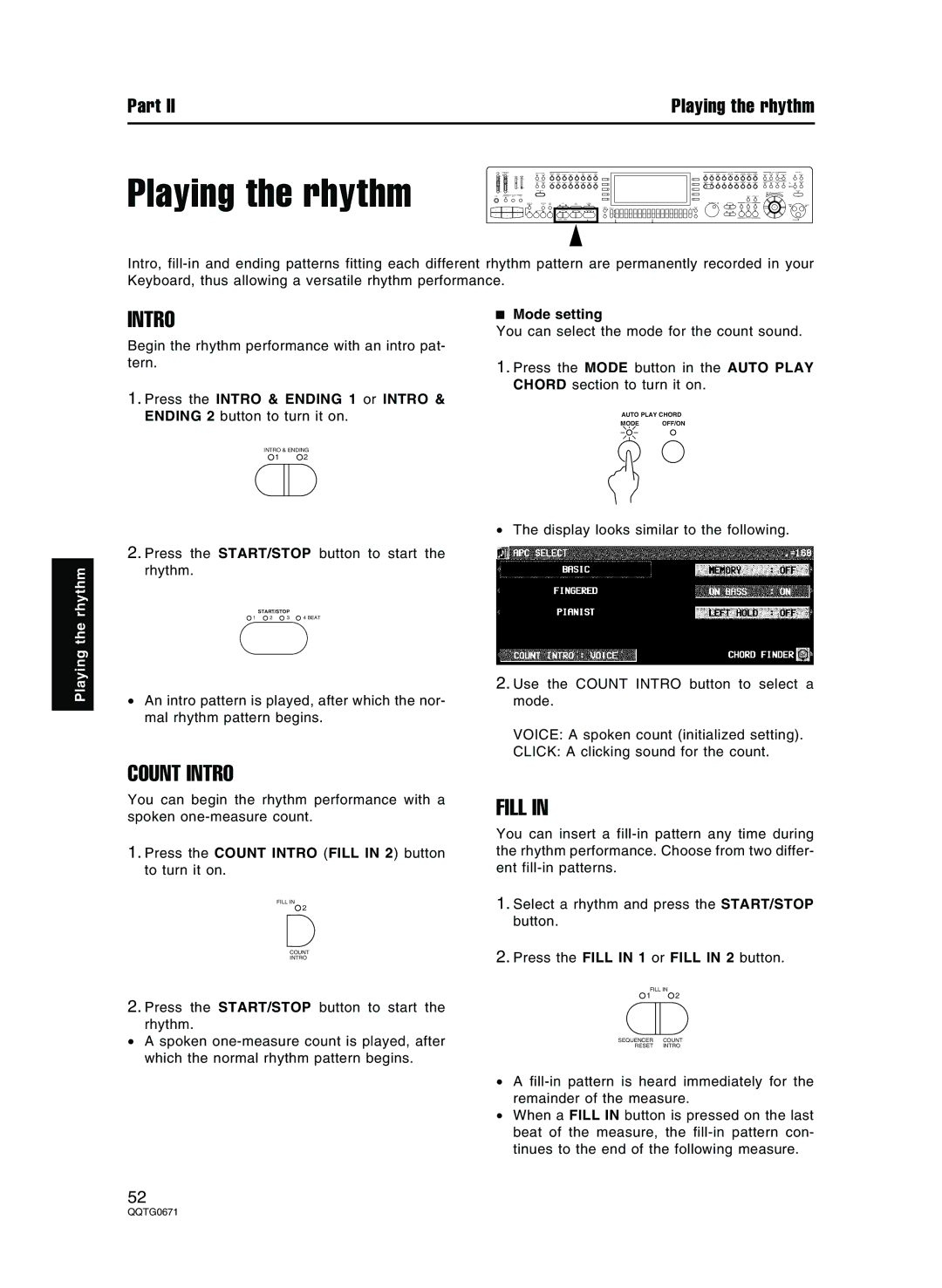 Panasonic SX-KN7000 operating instructions Playing the rhythm, Count Intro, Fill, Mode setting 