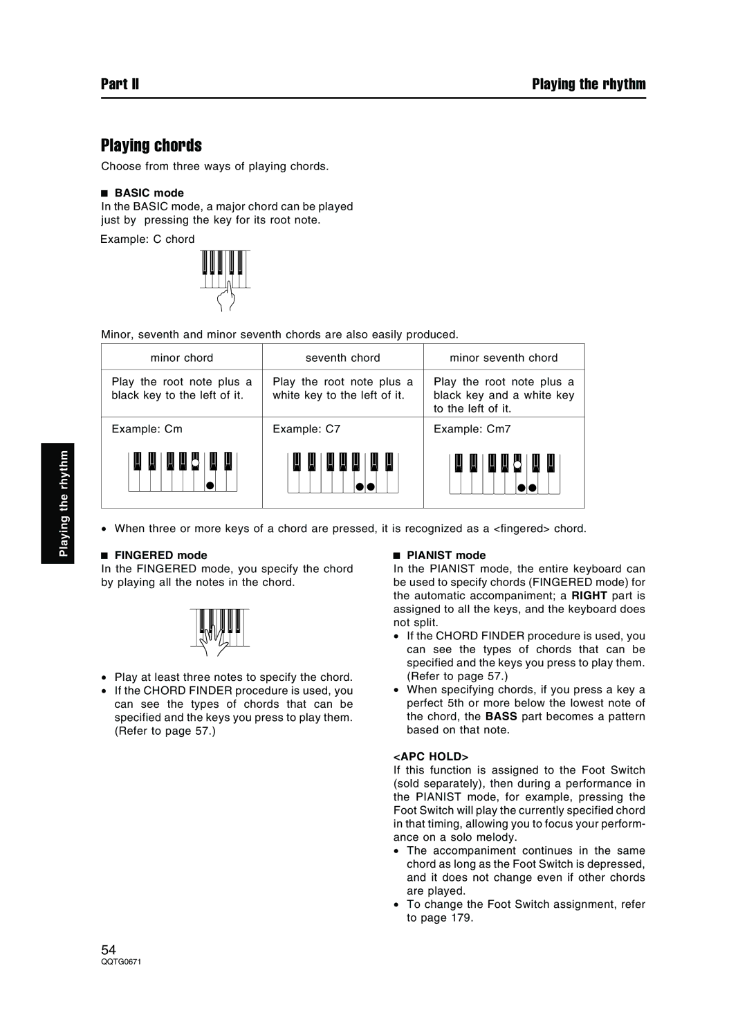 Panasonic SX-KN7000 operating instructions Playing chords, Basic mode, Fingered mode, Pianist mode, APC Hold 