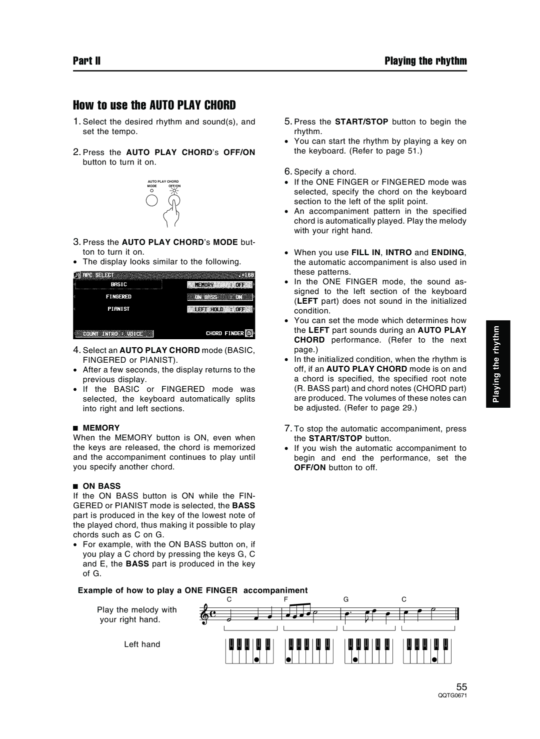 Panasonic SX-KN7000 How to use the Auto Play Chord, Press the Auto Play CHORD’s OFF/ON button to turn it on, Memory 