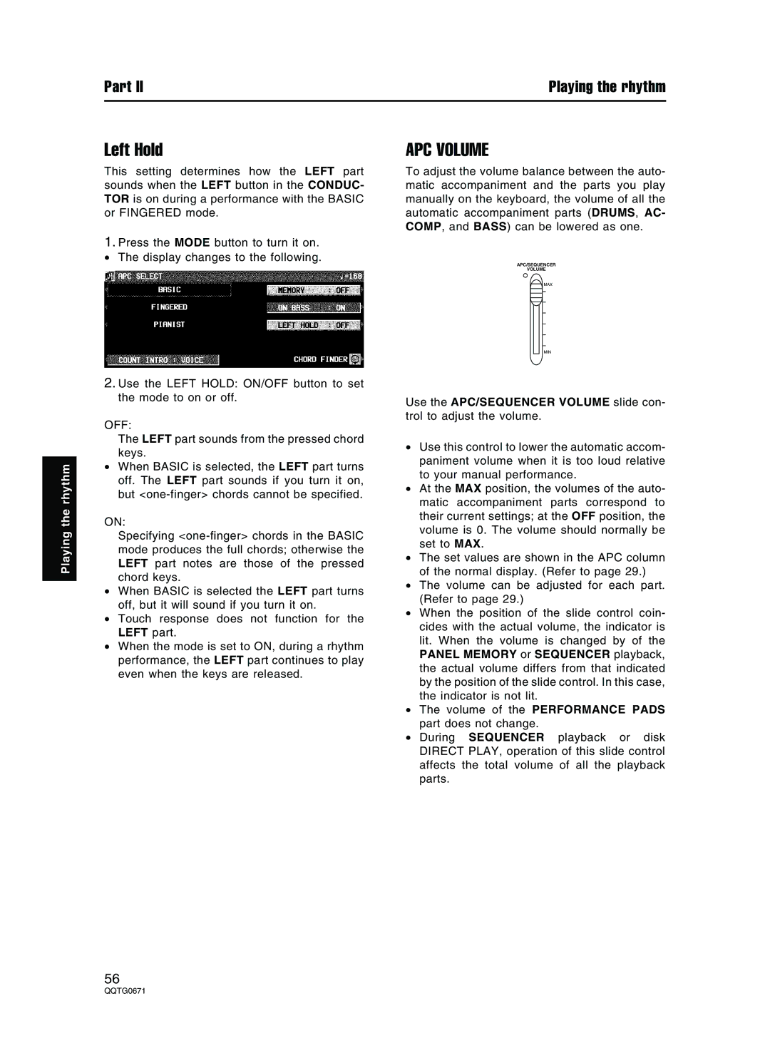 Panasonic SX-KN7000 operating instructions Left Hold, APC Volume, Off 