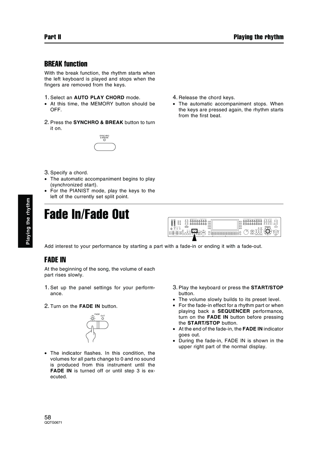 Panasonic SX-KN7000 operating instructions Fade In/Fade Out, Break function, Select an Auto Play Chord mode 