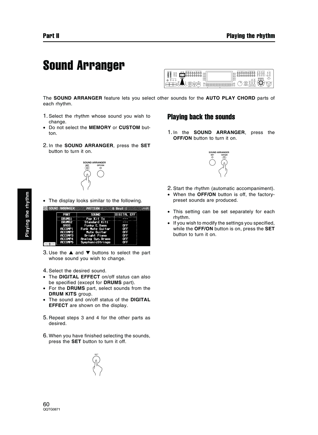 Panasonic SX-KN7000 Sound Arranger, Playing back the sounds, Sound ARRANGER, press the OFF/ON button to turn it on 