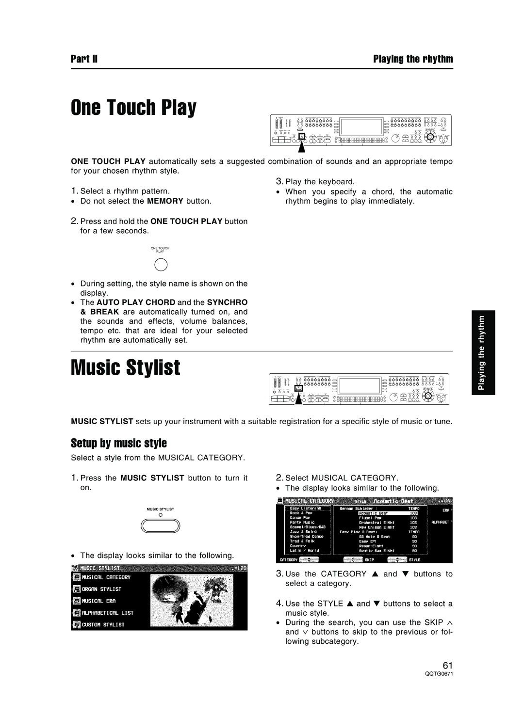 Panasonic SX-KN7000 operating instructions One Touch Play, Music Stylist, Setup by music style 