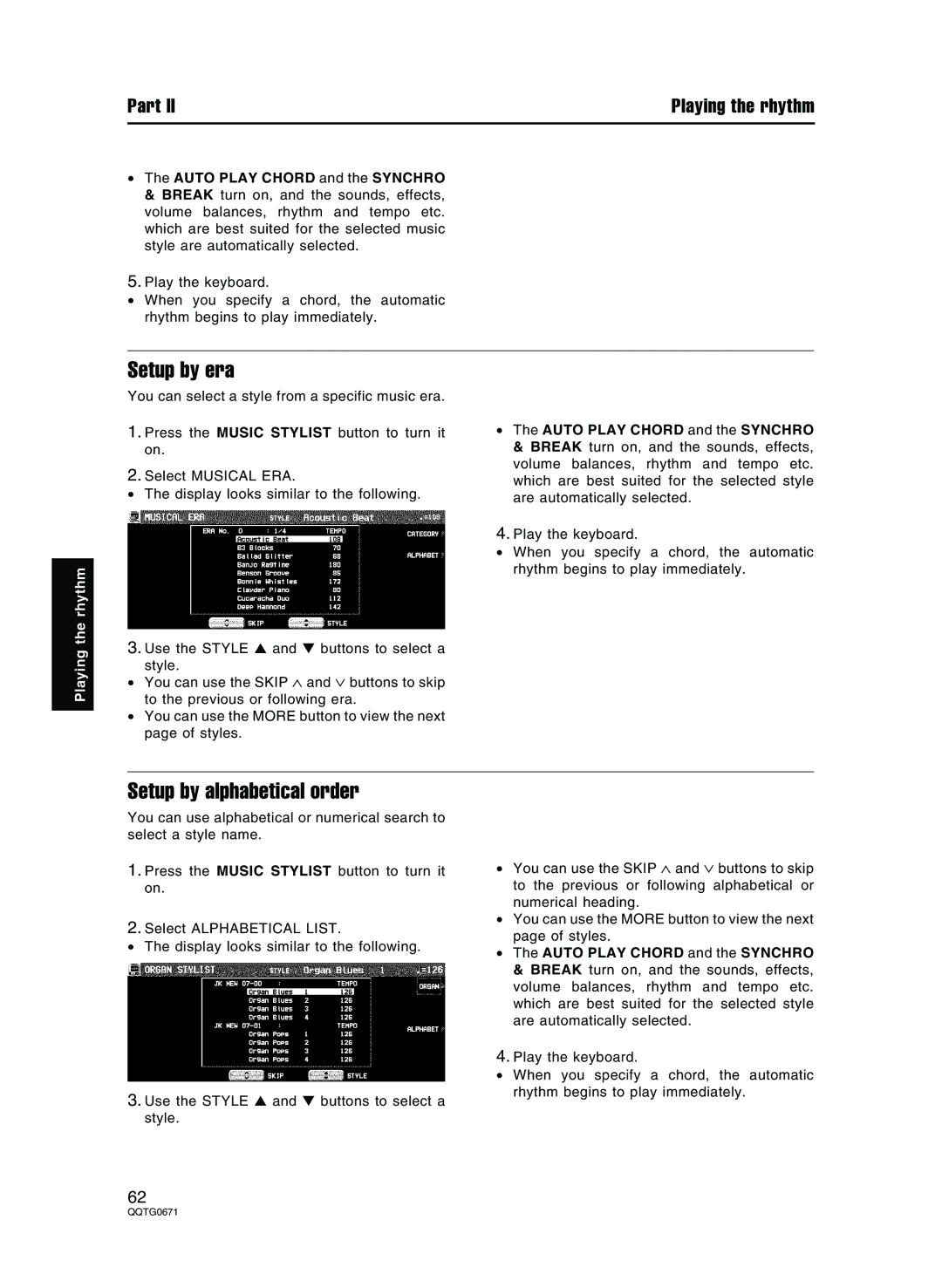 Panasonic SX-KN7000 operating instructions Setup by era, Setup by alphabetical order 