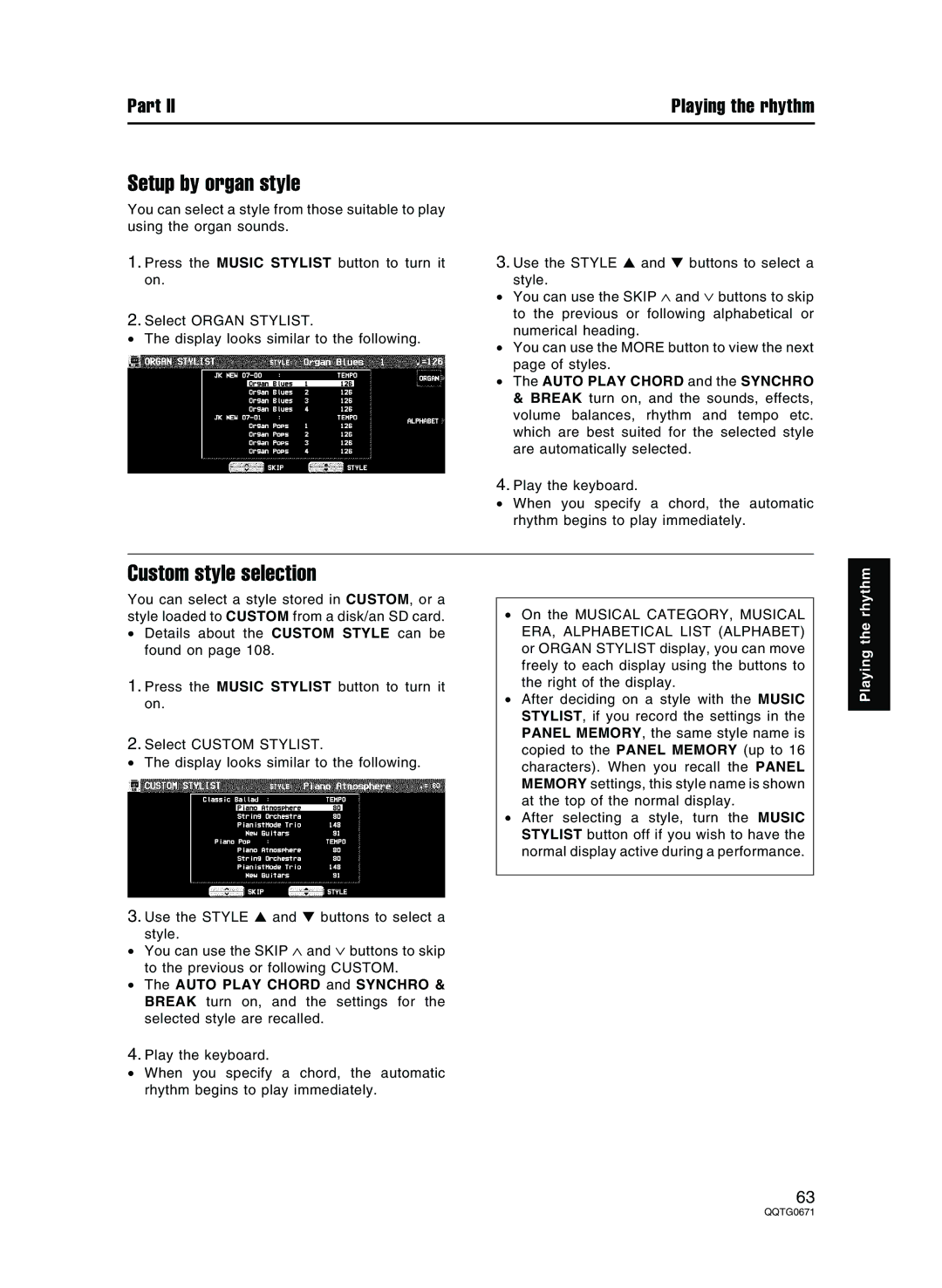 Panasonic SX-KN7000 operating instructions Setup by organ style, Custom style selection 