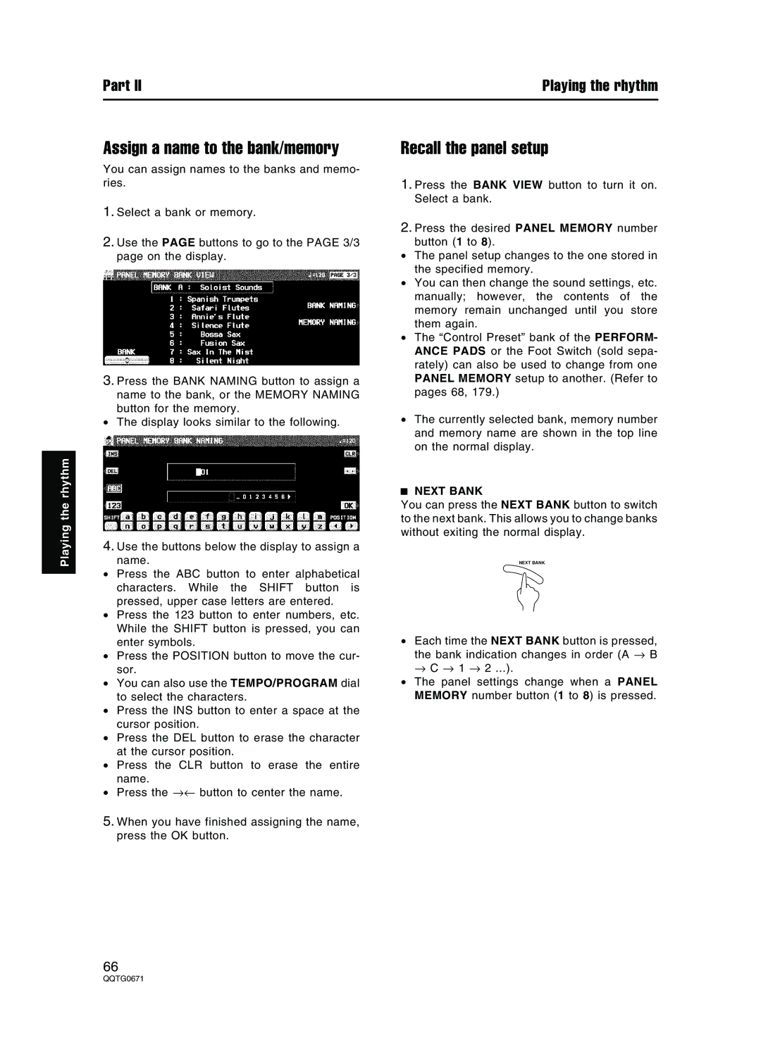 Panasonic SX-KN7000 operating instructions Assign a name to the bank/memory, Recall the panel setup, Next Bank 