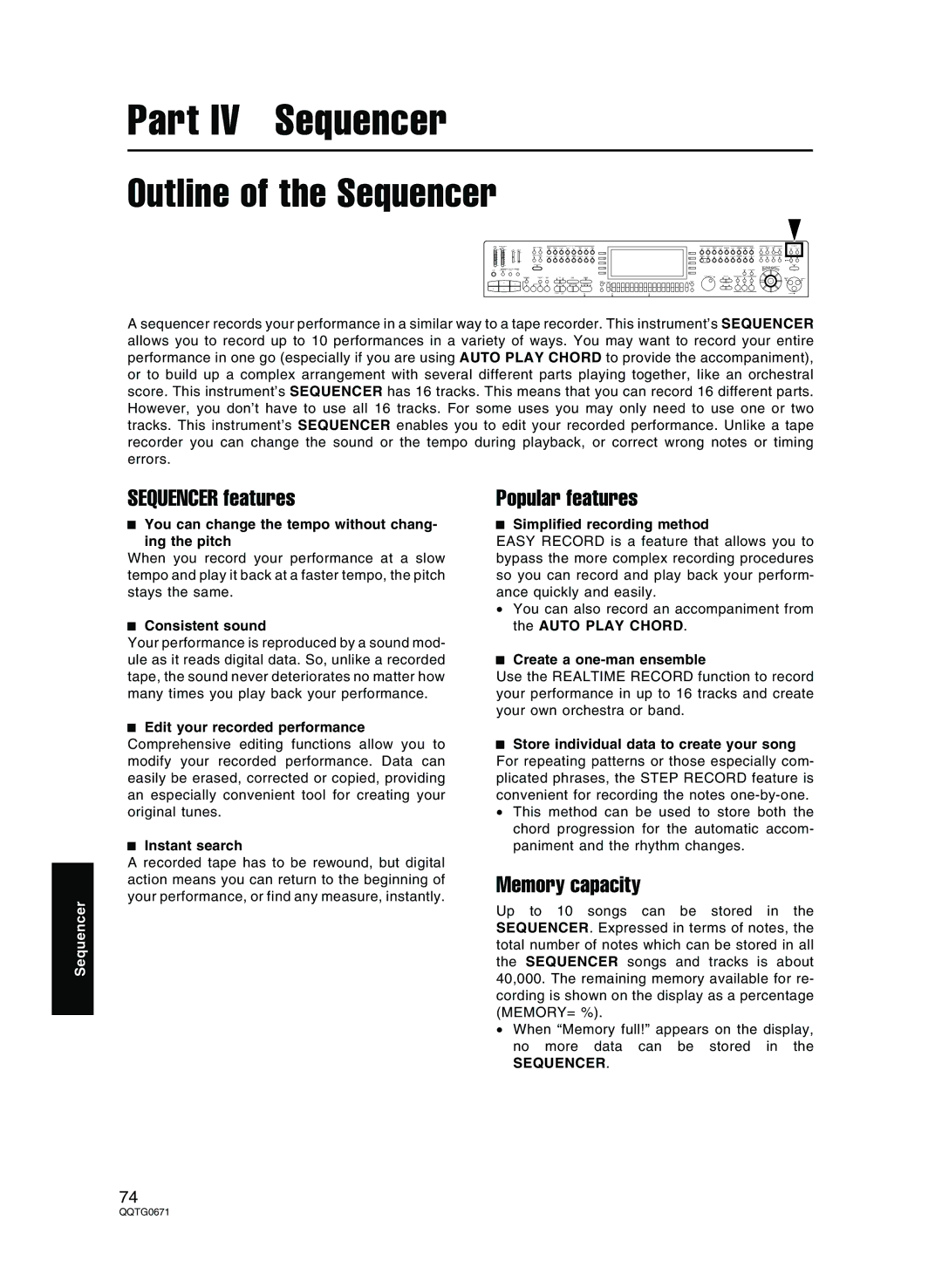 Panasonic SX-KN7000 operating instructions Outline of the Sequencer, Sequencer features, Popular features, Memory capacity 