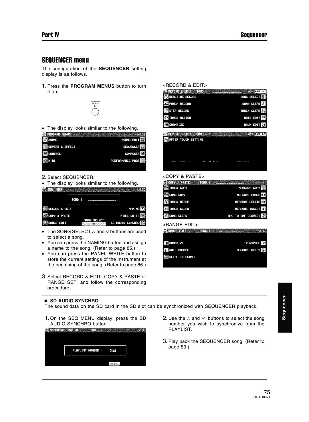 Panasonic SX-KN7000 Sequencer menu, Record & Edit Copy & Paste Range Edit, SD Audio Synchro, Playlist 