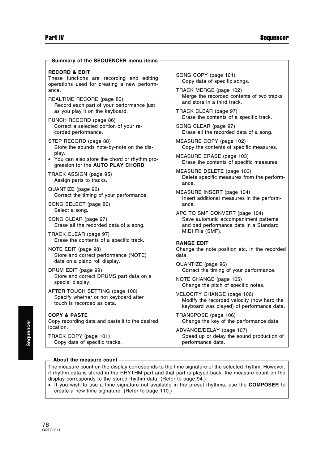 Panasonic SX-KN7000 Summary of the Sequencer menu items, Record & Edit, Copy & Paste, Range Edit, About the measure count 