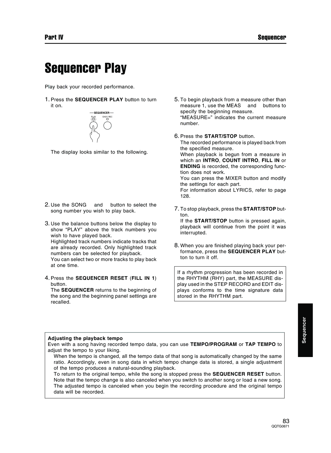 Panasonic SX-KN7000 operating instructions Sequencer Play, Adjusting the playback tempo 