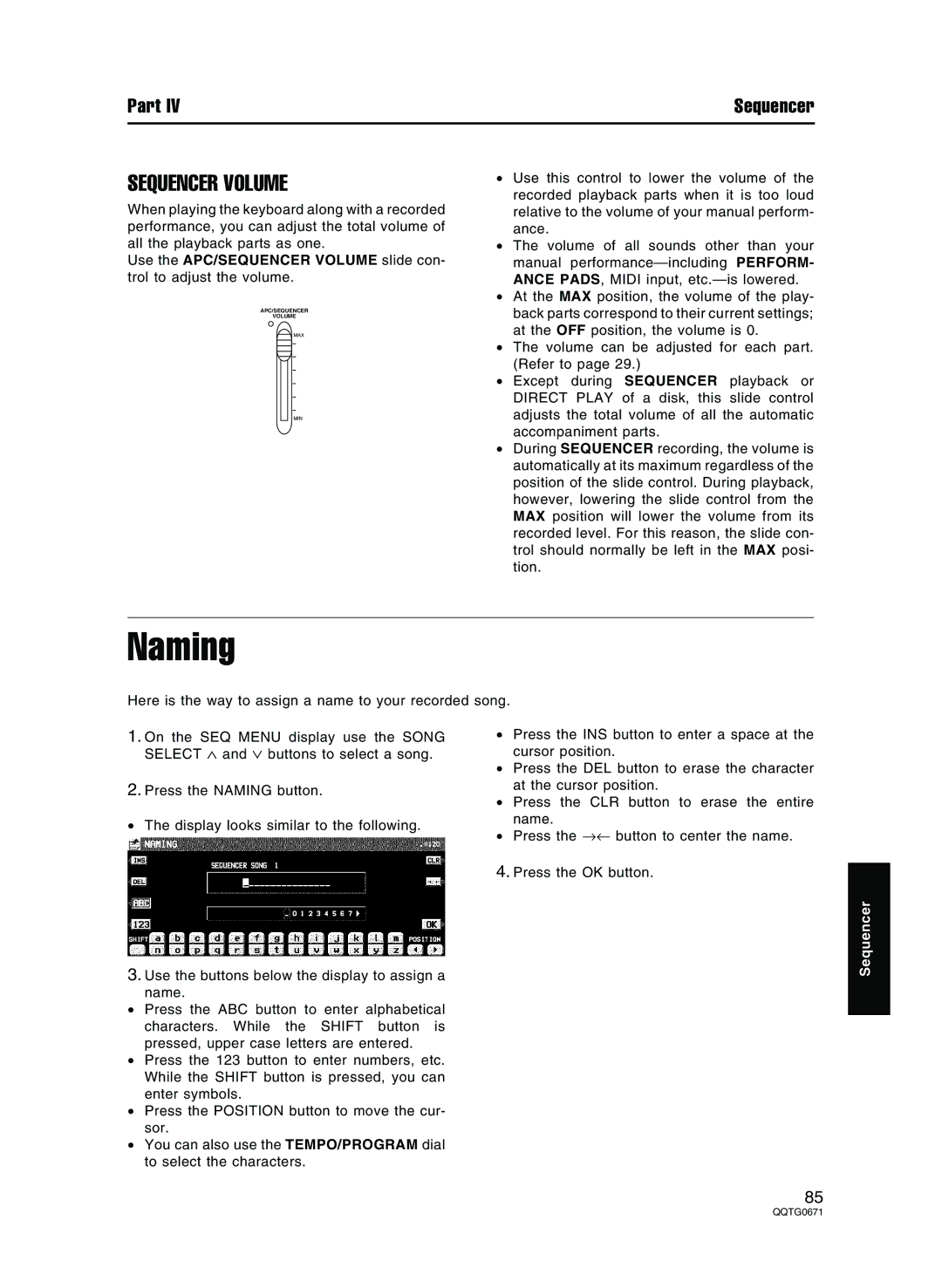 Panasonic SX-KN7000 operating instructions Naming, Sequencer Volume 