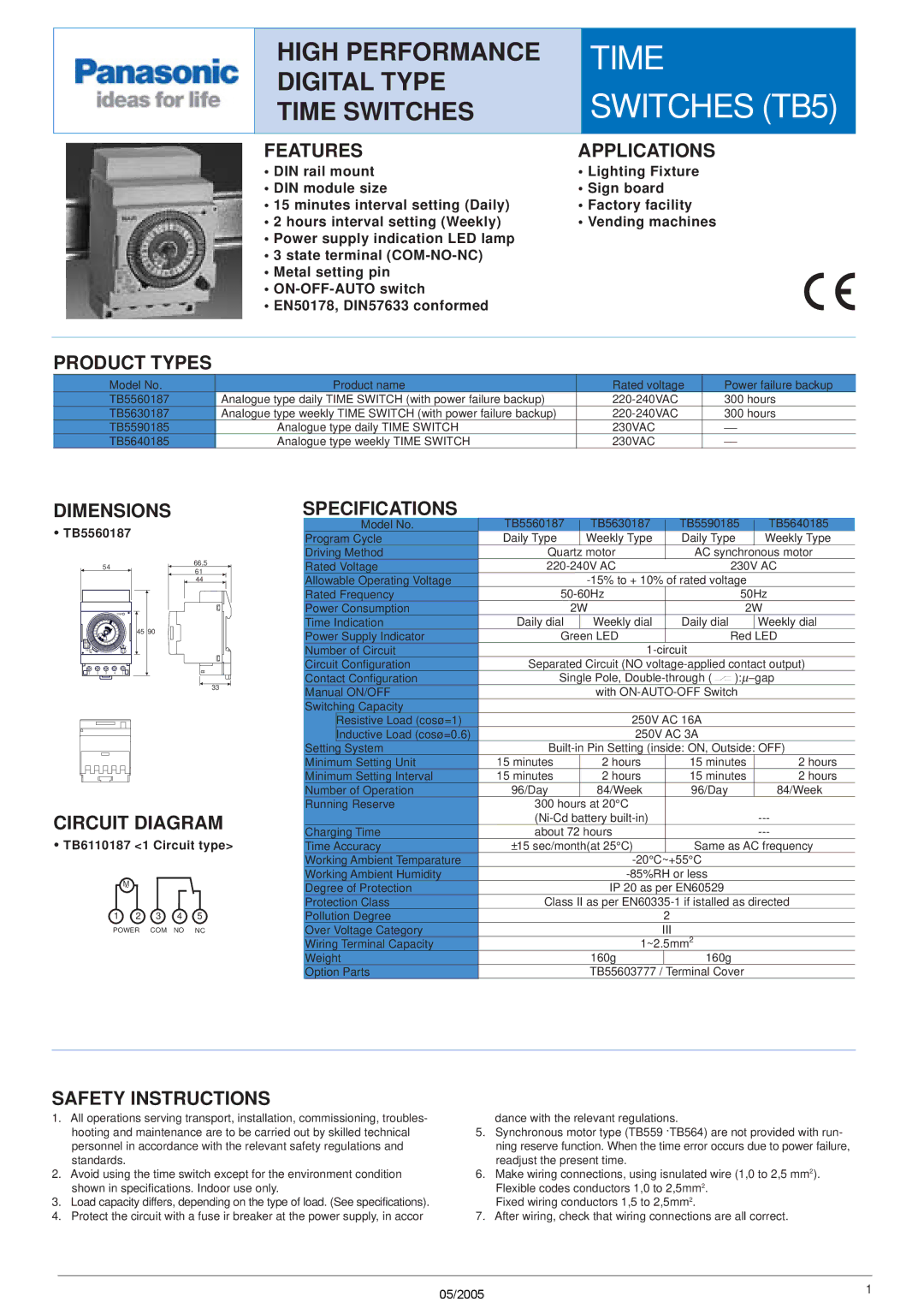 Panasonic TB5560187 specifications Features Applications, Product Types, Dimensions, Circuit Diagram, Specifications 