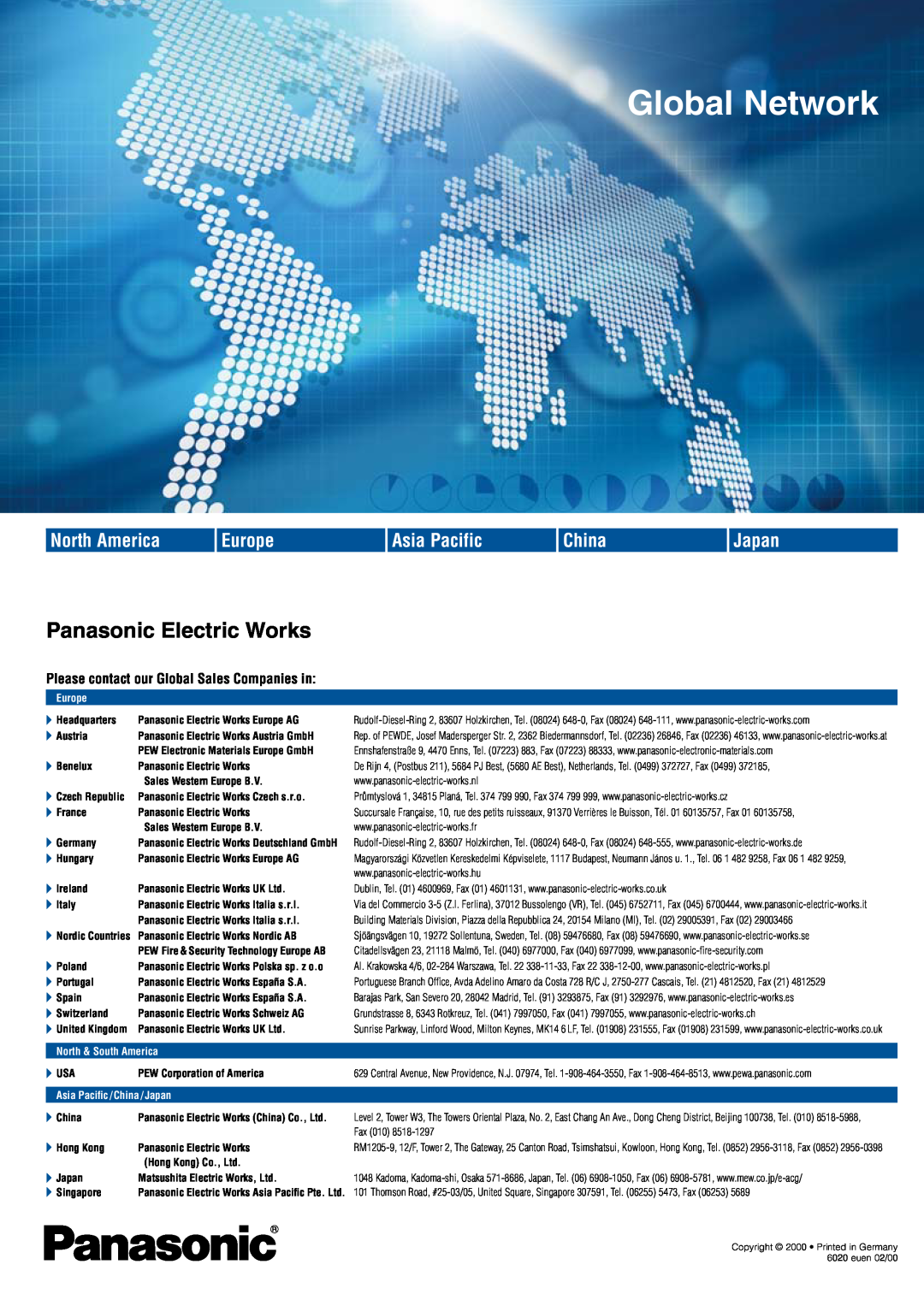 Panasonic TB5560187 North America, Europe, Asia Pacific, China, Global Network, Panasonic Electric Works, Japan 