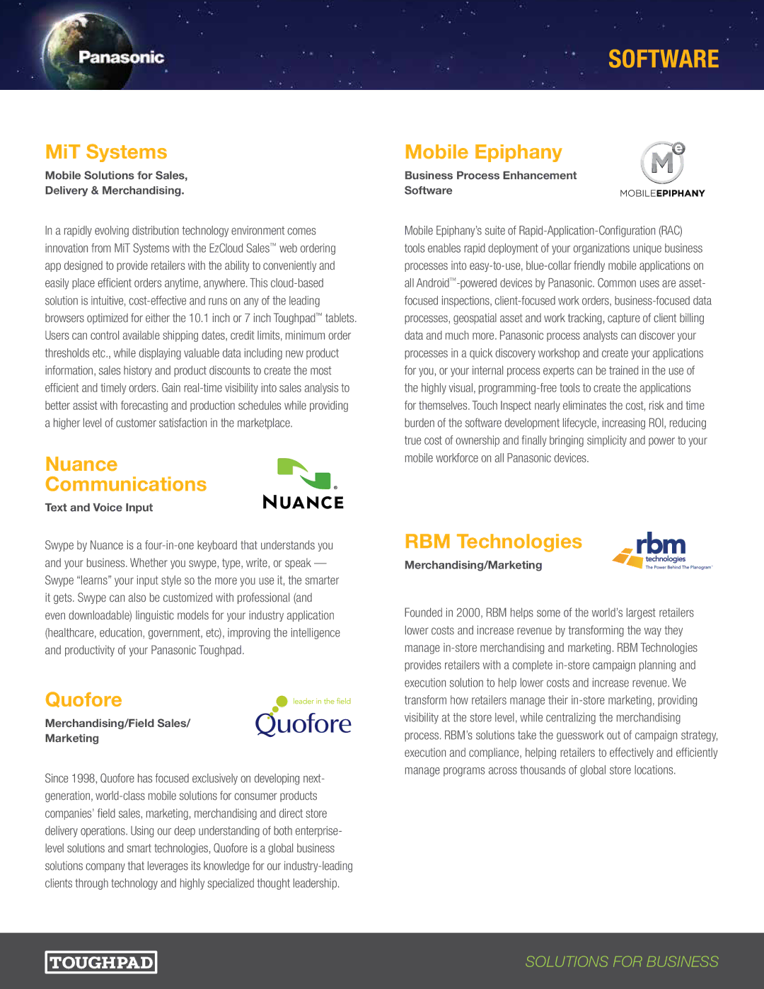 Panasonic TBCA1HDSTP-P, TBCA1HDSTPP manual MiT Systems, Nuance Communications, Quofore, Mobile Epiphany, RBM Technologies 