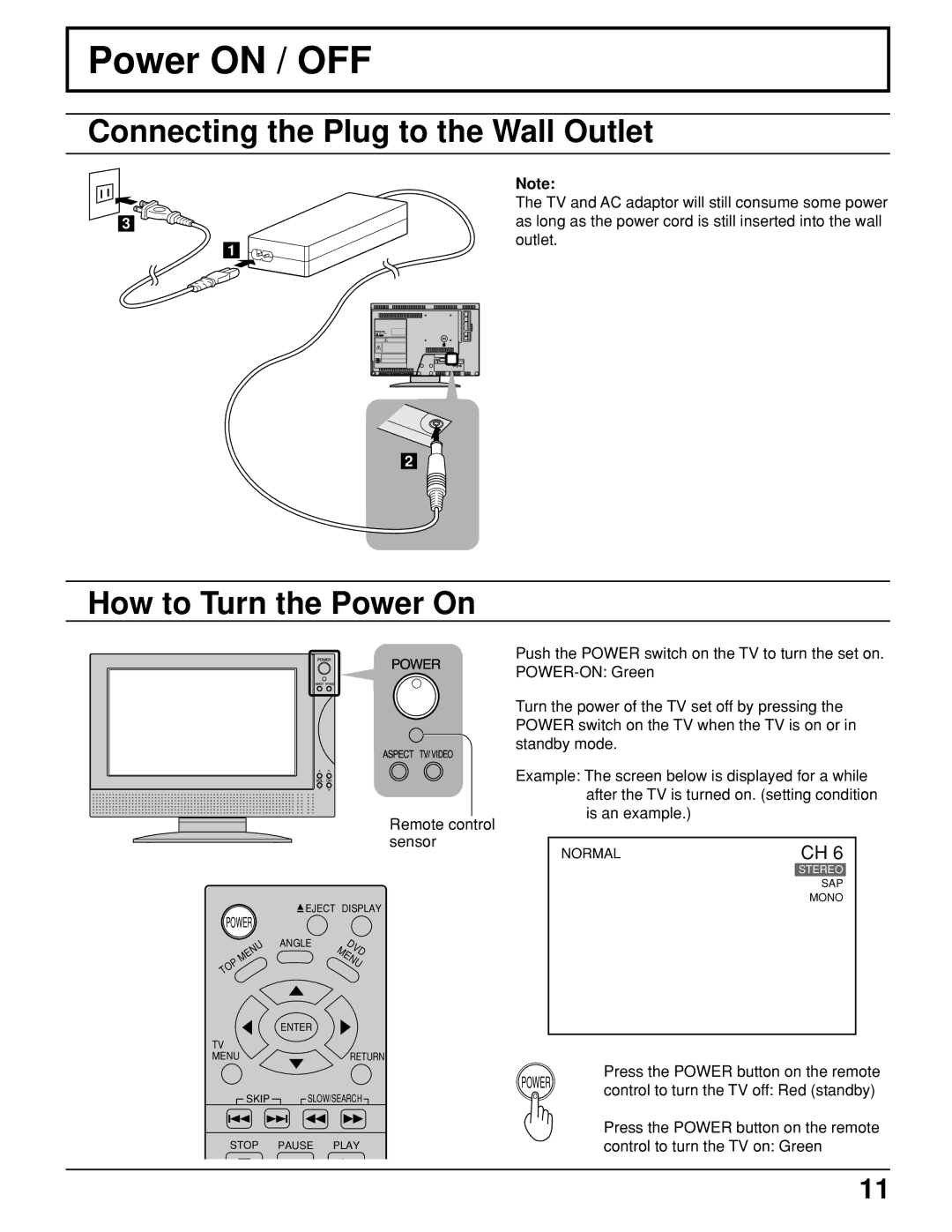 Panasonic TC 11LV1 operating instructions Power on / OFF 