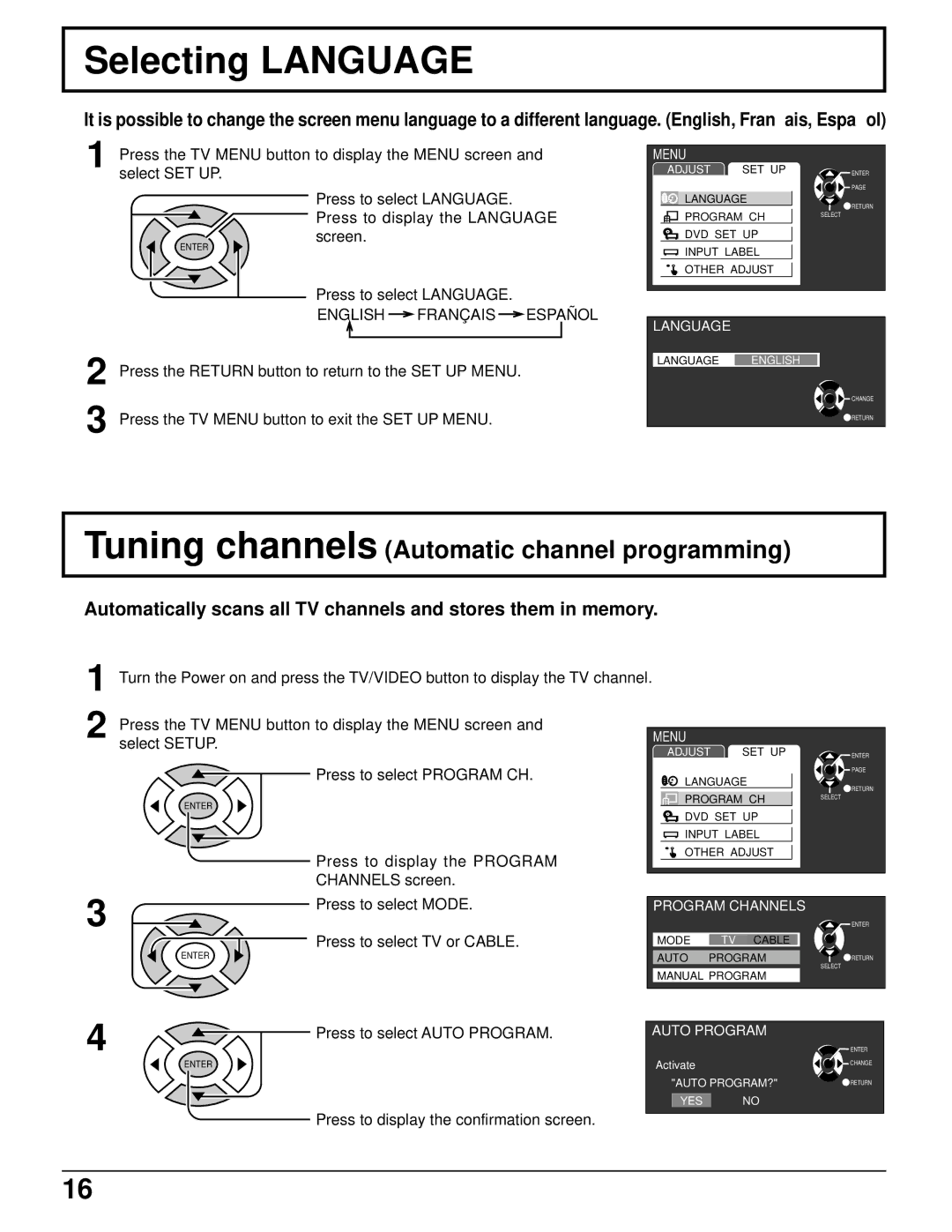 Panasonic TC 11LV1 Selecting Language, Tuning channels Automatic channel programming, English Français Español 